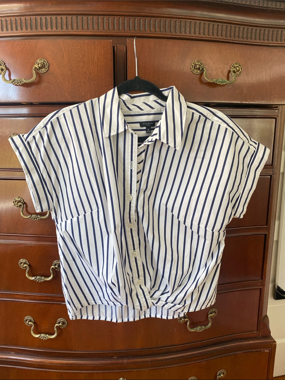 Talbots White and Navy Vertical Stripe Button-Front Crop Shirt